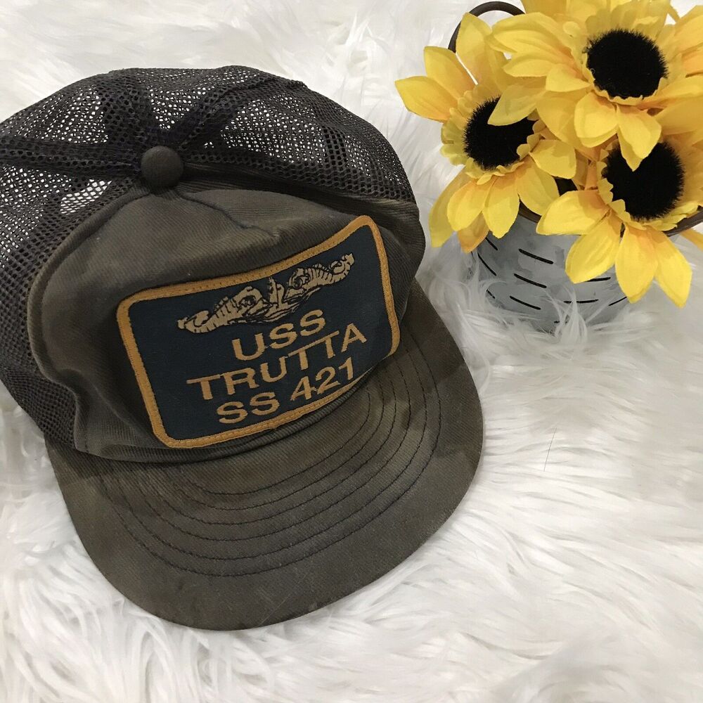 Vintage USS Patch Snap Back Denim Truckers Hat USS Trutta SS-421 1940s Authentic